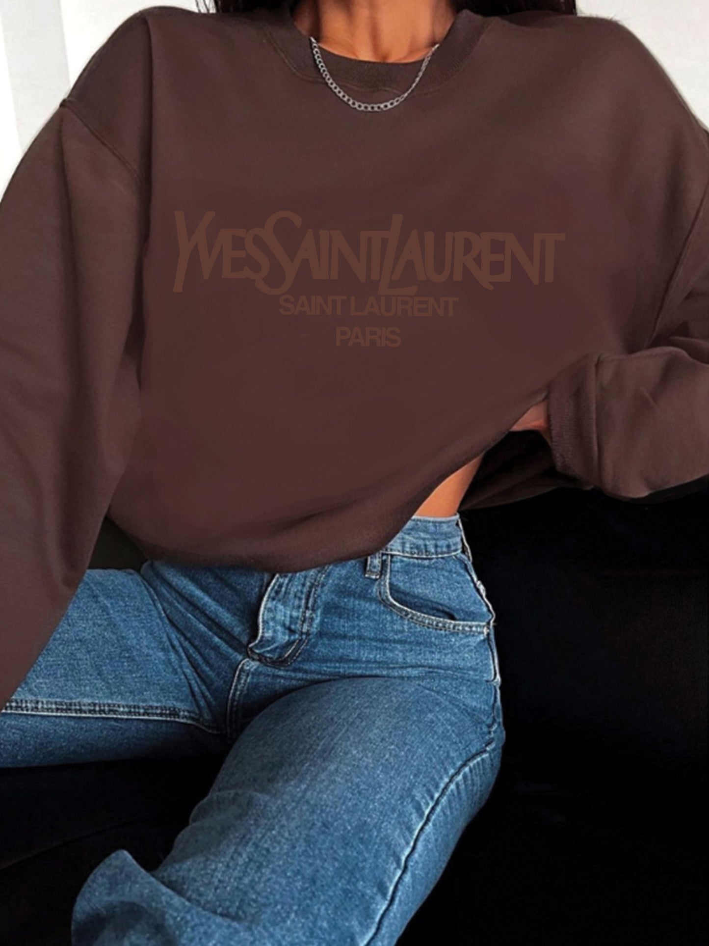 Yves Embroidered Women's Sweatshirt Clothing Out The Purse UK chocolate XS 